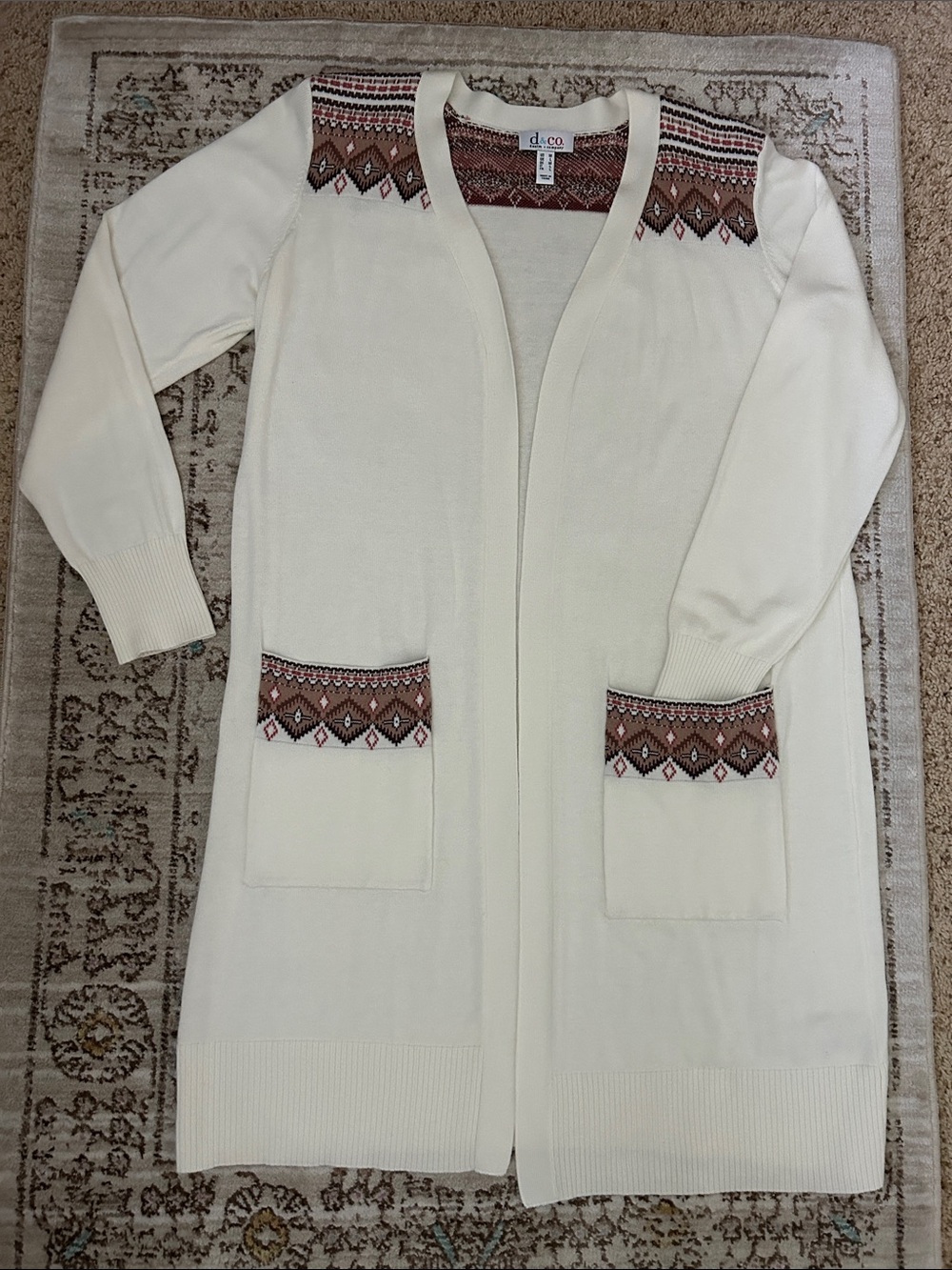 D& Co.-Cream Long knit Cardigan with Patterned Accents-Medium